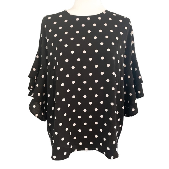 HALOGEN Ruffle Short Sleeve Polka Dot Blouse - Small NWT - Picture 1 of 2